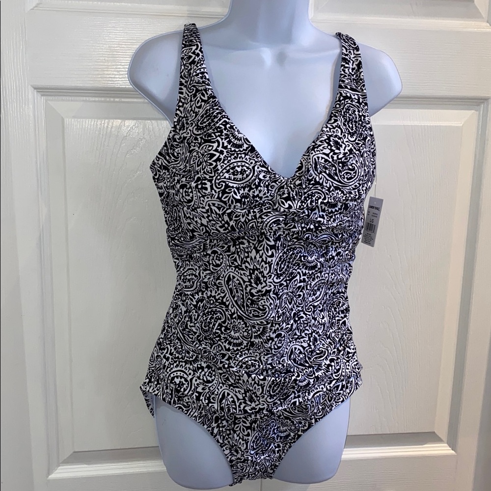 Lands’ End Women’s Tank Swimsuit Bathing Suit Slimming Paisley Black Size Large